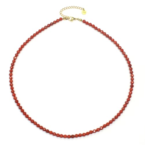 Roter Jaspis Edelsteinkette mit facettierten 4mm Perlen - echte Natursteine - Länge verstellbar - Heilstein Schutzstein Edelstein Collier Glücksbringer Talisman Geschenk (Roter Jaspis, 40, G) von LAKADA