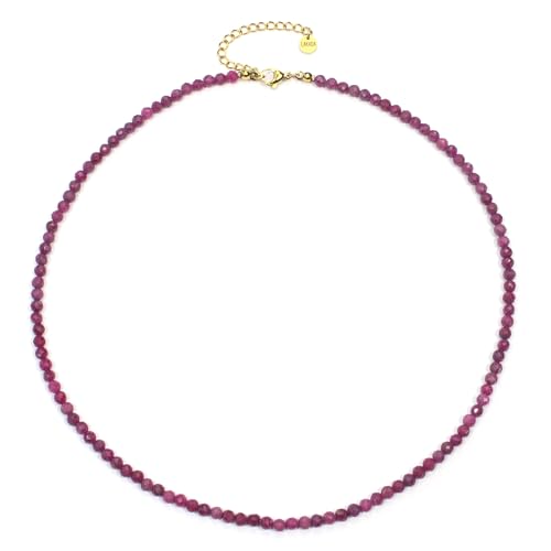 Rubin Edelsteinkette mit facettierten 4mm Perlen - echte Natursteine - Länge verstellbar - Heilstein Schutzstein Edelstein Collier Glücksbringer Talisman Geschenk (Rubin, 45, G) von LAKADA