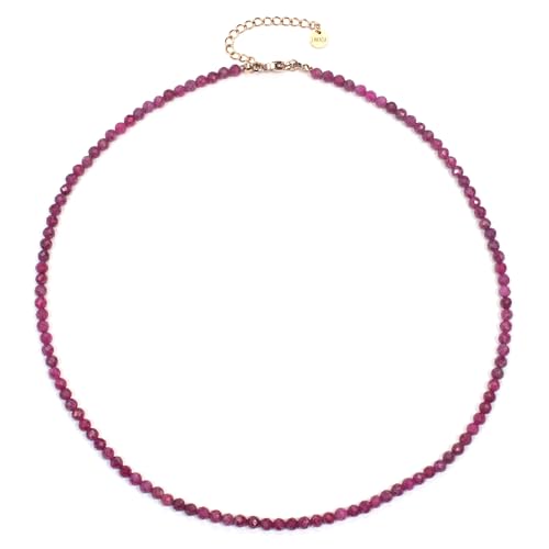 Rubin Edelsteinkette mit facettierten 4mm Perlen - echte Natursteine - Länge verstellbar - Heilstein Schutzstein Edelstein Collier Glücksbringer Talisman Geschenk (Rubin, 45, R) von LAKADA