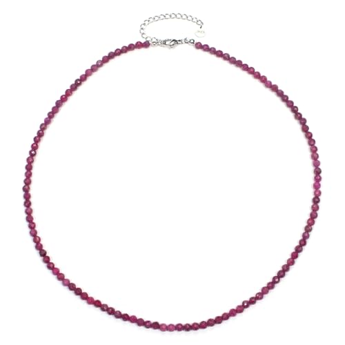 Rubin Edelsteinkette mit facettierten 4mm Perlen - echte Natursteine - Länge verstellbar - Heilstein Schutzstein Edelstein Collier Glücksbringer Talisman Geschenk (Rubin, 45, S) von LAKADA