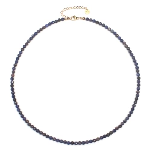 Saphir Edelsteinkette mit facettierten 4mm Perlen - echte Natursteine - Länge verstellbar - Heilstein Schutzstein Edelstein Collier Glücksbringer Talisman Geschenk (Saphir, 45, R) von LAKADA