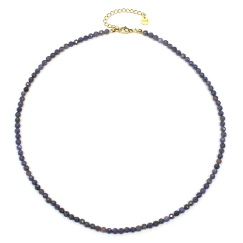 Saphir Edelsteinkette mit facettierten 4mm Perlen - echte Natursteine - Länge verstellbar - Heilstein Schutzstein Edelstein Collier Glücksbringer Talisman Geschenk (Saphir, 50, G) von LAKADA