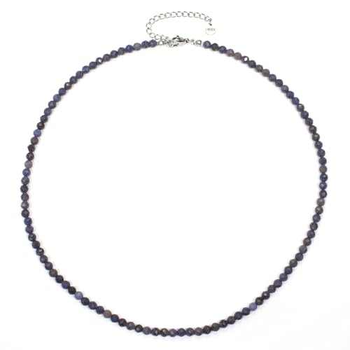 Saphir Edelsteinkette mit facettierten 4mm Perlen - echte Natursteine - Länge verstellbar - Heilstein Schutzstein Edelstein Collier Glücksbringer Talisman Geschenk (Saphir, 50, S) von LAKADA
