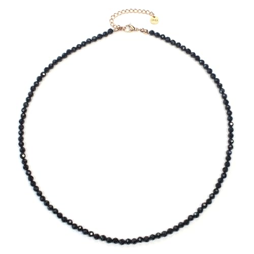 Schwarzer Turmalin Edelsteinkette mit facettierten 4mm Perlen - echte Natursteine - Länge verstellbar - Heilstein Schutzstein Edelstein Collier Glücksbringer Talisman Geschenk (Schw. Turm., 45, R) von LAKADA