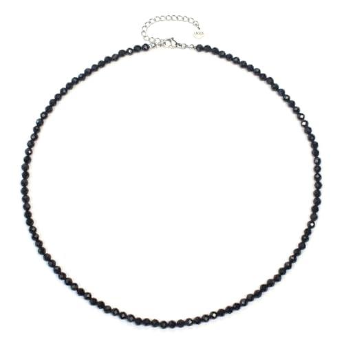 Schwarzer Turmalin Edelsteinkette mit facettierten 4mm Perlen - echte Natursteine - Länge verstellbar - Heilstein Schutzstein Edelstein Collier Glücksbringer Talisman Geschenk (Schw. Turm., 45, S) von LAKADA