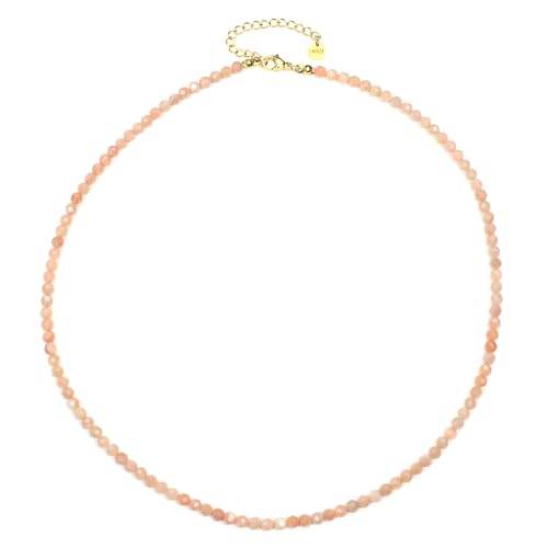 Sonnenstein Edelsteinkette mit facettierten 4mm Perlen - echte Natursteine - Länge verstellbar - Heilstein Schutzstein Edelstein Collier Glücksbringer Talisman Geschenk (Sonnenstein, 40, G) von LAKADA
