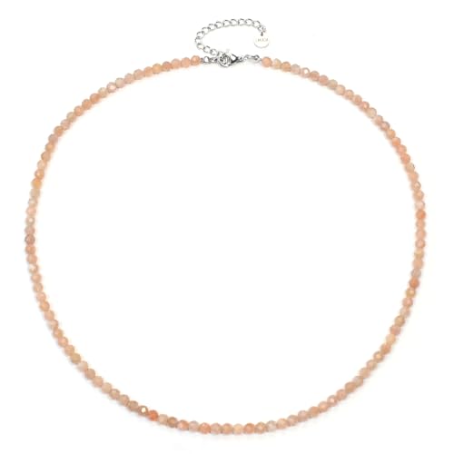 Sonnenstein Edelsteinkette mit facettierten 4mm Perlen - echte Natursteine - Länge verstellbar - Heilstein Schutzstein Edelstein Collier Glücksbringer Talisman Geschenk (Sonnenstein, 40, S) von LAKADA
