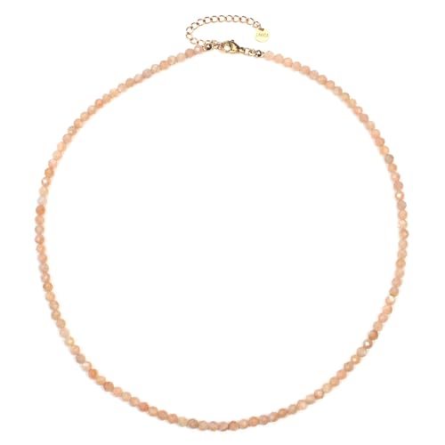 Sonnenstein Edelsteinkette mit facettierten 4mm Perlen - echte Natursteine - Länge verstellbar - Heilstein Schutzstein Edelstein Collier Glücksbringer Talisman Geschenk (Sonnenstein, 45, R) von LAKADA