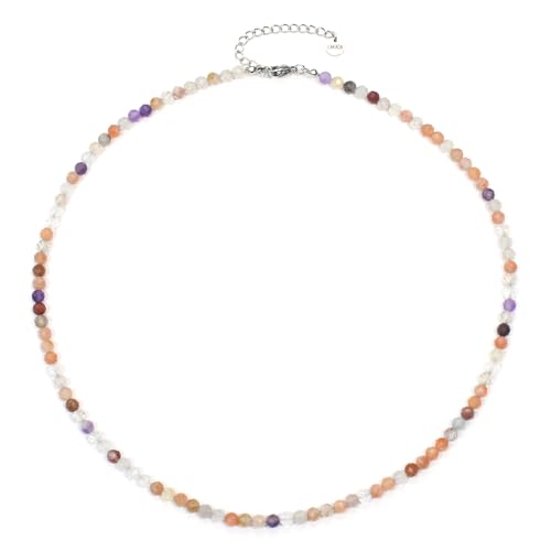 Super 7 Amethyst Edelsteinkette mit facettierten 4mm Perlen - echte Natursteine - Länge verstellbar - Heilstein Schutzstein Edelstein Collier Glücksbringer Talisman Geschenk (S. S. Amethyst, 45, S) von LAKADA
