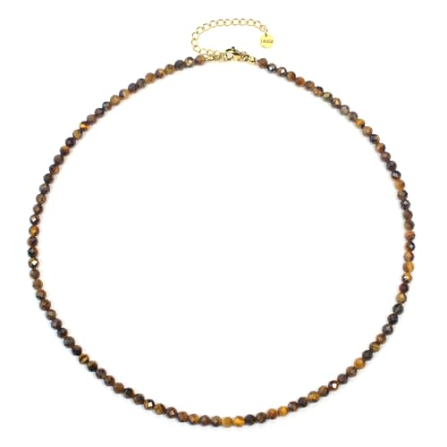 Tigerauge Edelsteinkette mit facettierten 4mm Perlen - echte Natursteine - Länge verstellbar - Heilstein Schutzstein Edelstein Collier Glücksbringer Talisman Geschenk (Tigerauge, 45, G) von LAKADA
