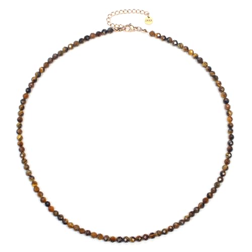 Tigerauge Edelsteinkette mit facettierten 4mm Perlen - echte Natursteine - Länge verstellbar - Heilstein Schutzstein Edelstein Collier Glücksbringer Talisman Geschenk (Tigerauge, 45, R) von LAKADA