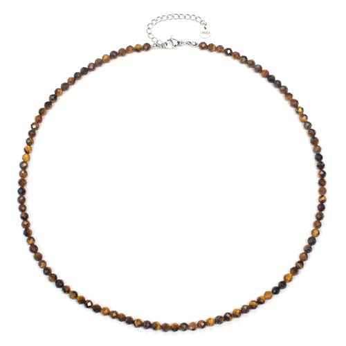 Tigerauge Edelsteinkette mit facettierten 4mm Perlen - echte Natursteine - Länge verstellbar - Heilstein Schutzstein Edelstein Collier Glücksbringer Talisman Geschenk (Tigerauge, 45, S) von LAKADA