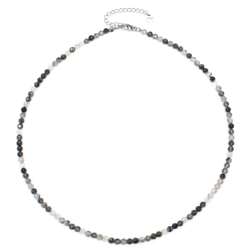 Turmalinquarz Edelsteinkette mit facettierten 4mm Perlen - echte Natursteine - Länge verstellbar - Heilstein Schutzstein Edelstein Collier Glücksbringer Talisman Geschenk (Turmalinquarz, 50, S) von LAKADA