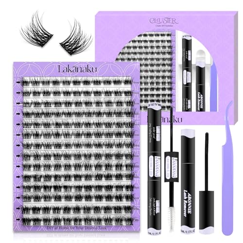 LAKANAKU DIY Wimpernverlängerungs-Set, 280 Stück Cluster-Wimpern , natürliche Volumen-Wimpern mit Kleber & Entferner, wiederverwendbare für Anfänger(D-10-16mm) von LAKANAKU