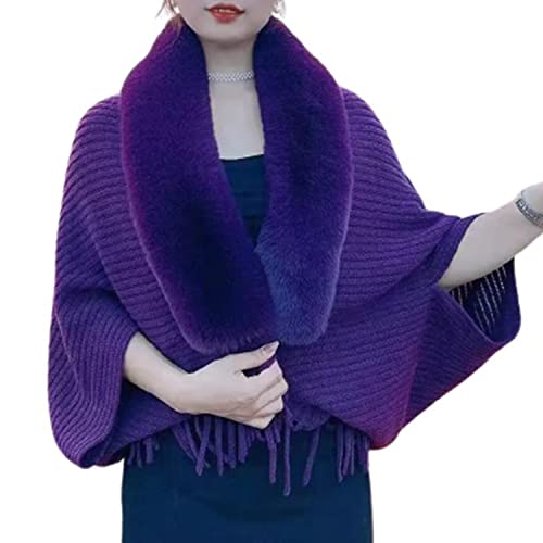 LAKEMON Strickfransen-Umhang, Schal, Pelzkragen, Damen, gestrickter, lockerer, verdickter Schal, Winter-Strickjacke mit offener Vorderseite, Tücher und Überwürfe für Abendkleider (Purple,M) von LAKEMON