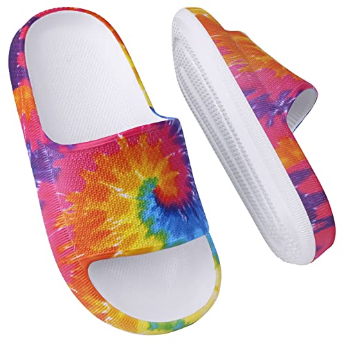 LAKIGE Kinder Badelatschen Jungen Mädchen rutschfest Dusch Badeschuhe Sommer Hausschuhe Cosy House Badeschuhe Strand Schwimmbad Rutschsandalen für Kinder Tie Dye 32 EU von LAKIGE