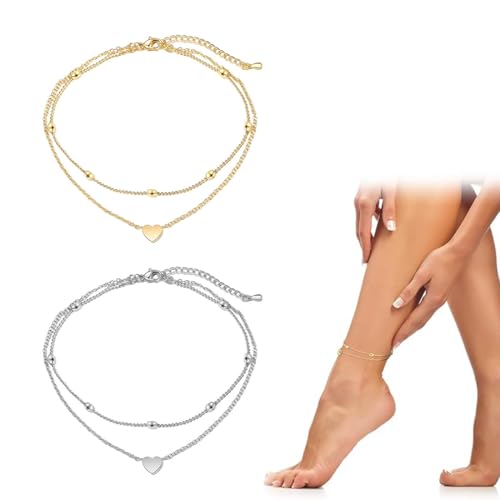 LAKJUOZ 2 Stück Fußkette Silber, Fussketten Gold Silber Für, Love Zweilagiges Fußkettchen Mit Ovalen Perlen Damen Perlen Mehrreihige Fußkettchen Mit Plättchen Verstellbare Wasserfest Sommer Strand Sc LAKJUOZ 2 Stück Fußkette Silber, Fussketten Gold Silber Für, Love Zweilagiges Fußkettchen Mit Ovalen Perlen Damen Perlen Mehrreihige Fußkettchen Mit Plättchen Verstellbare Wasserfest Sommer Strand Sc von LAKJUOZ
