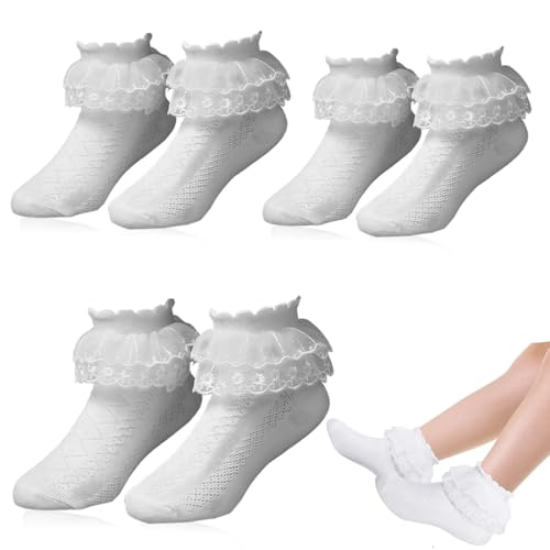 LAKJUOZ 3 Paar Schulkind Socken, Mädchen Rüschen Spitze Socken Kleinkind Weiße Lace Socken Schule Socken Knöchel Ballett Socken von LAKJUOZ