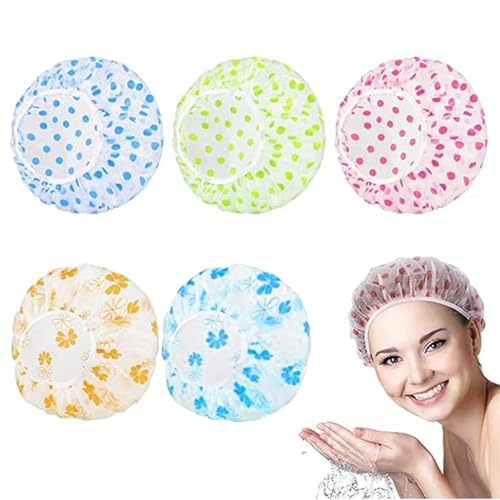 LAKJUOZ Duschhaube Für Damen 5 Stück Wasserdichte Und Wiederverwendbare Duschhauben Kleines Blumenmuster Punktmuster Shower Cap 27 Cm Breite Mit Elastischem Band,Große Kunststoffkappe Für Langes Haar von LAKJUOZ