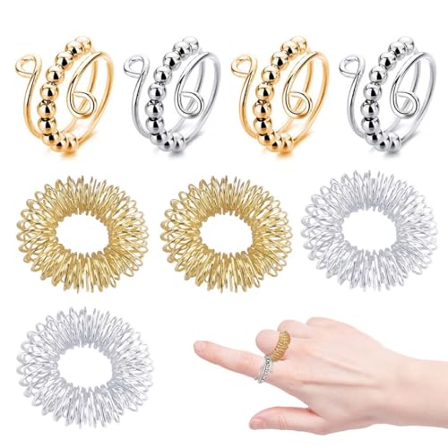 LAKJUOZ 4 Stück Anti Stress Ring Verstellbare Mit 4 Stück Akupressur Ring, Fidget Ring, Anxiety Ring, Skills Ringe, Antistress Ringe, Für Mädchen Und Frauen Stress Relief Ängstlichkeit von LAKJUOZ