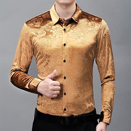 Herren Hemd Langarm, Slim Fit Herrenhemd Luxus Lässiges Blumenhemd Orientalische Pfingstrose Vintage Jacquardhemd Bequeme Passform Langarm-Knopfhemd Top Für Hochzeit Abschlussball Party,Golden,L von LAKKOA