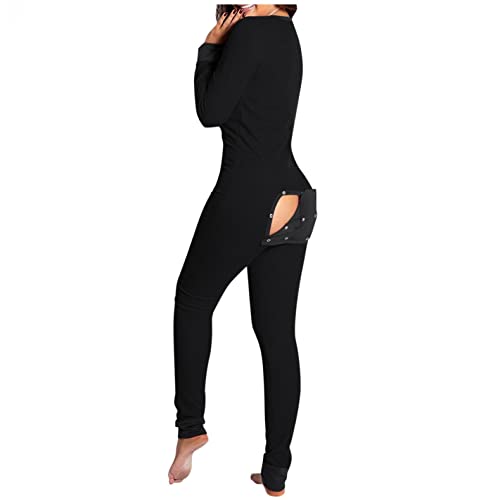 Damen Einteiler Schlafanzug Pyjama mit Po Klappe Jumpsuit Kuschelig Herbst Winter Sexy Onesie Frauen Nachtwäsche Langarm Overall Elegant Schlafoverall Bodysuit Button Back Flap V-Ausschnitt Sleepwear von LAKOYA