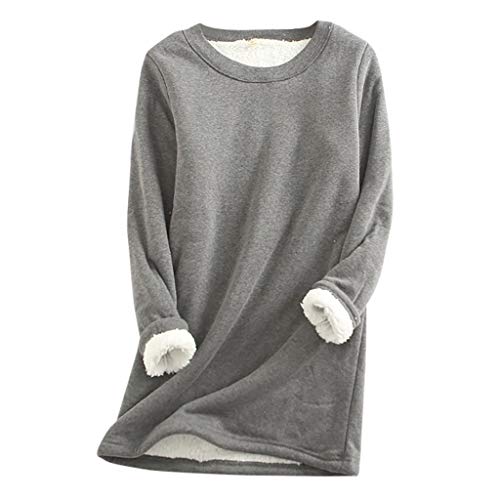 Damen Gefüttert Pullover Teddy Fleece Sweatshirt Lang Winter Warm Longpullover Einfarbig Tops Rundhals Kapuzenpullover Langarmshirt Hoodie Dicker Große Größen Lose Frauen Lässiges Oberteil Pulli von LAKOYA