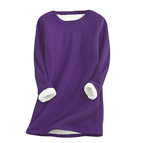 Damen Gefüttert Pullover Teddy Fleece Sweatshirt Lang Winter Warm Longpullover Einfarbig Tops Rundhals Kapuzenpullover Langarmshirt Hoodie Dicker Große Größen Lose Frauen Lässiges Oberteil Pulli von LAKOYA