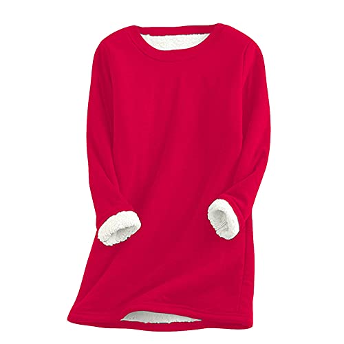 Damen Gefüttert Pullover Teddy Fleece Sweatshirt Lang Winter Warm Longpullover Einfarbig Tops Rundhals Kapuzenpullover Langarmshirt Hoodie Dicker Große Größen Lose Frauen Lässiges Oberteil Pulli von LAKOYA