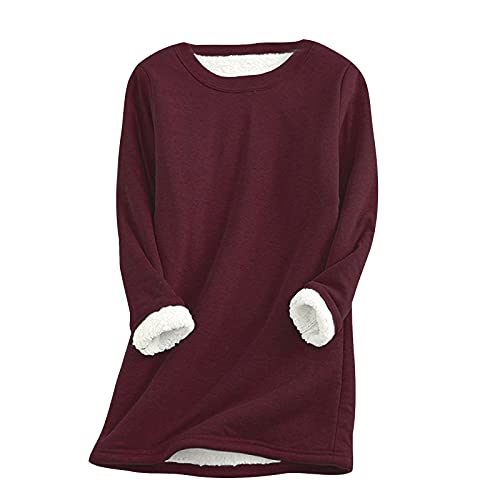 Damen Gefüttert Pullover Teddy Fleece Sweatshirt Lang Winter Warm Longpullover Einfarbig Tops Rundhals Kapuzenpullover Langarmshirt Hoodie Dicker Große Größen Lose Frauen Lässiges Oberteil Pulli von LAKOYA