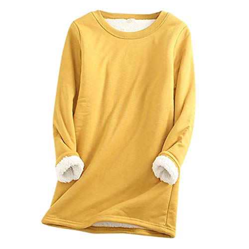 Damen Gefüttert Pullover Teddy Fleece Sweatshirt Lang Winter Warm Longpullover Einfarbig Tops Rundhals Kapuzenpullover Langarmshirt Hoodie Dicker Große Größen Lose Frauen Lässiges Oberteil Pulli von LAKOYA