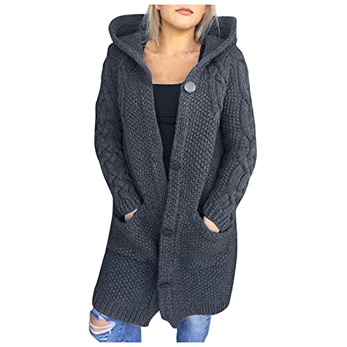 LAKOYA Damen Lange Strickjacke mit Kapuze Oversized Longstrickjacke Grobstrick Herbst Winter Elegante Langarm Casual Long Offener Vorderseite Sweater Cardigan mit Tasche Strickmantel für Damen von LAKOYA