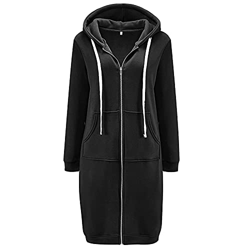 Zip Up Hoodies Damen Long Sweatjacke Lange Jacke Kapuze Sweatshirt mit Taschen Oversized Winterjacke Locker Sport Outdoor Übergangsjacke Frauen Einfarbig Herbst Reißverschluss Mantel von LAKOYA