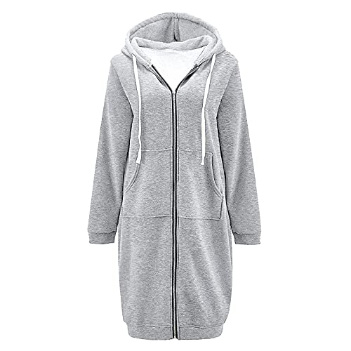 Zip Up Hoodies Damen Long Sweatjacke Lange Jacke Kapuze Sweatshirt mit Taschen Oversized Winterjacke Locker Sport Outdoor Übergangsjacke Frauen Einfarbig Herbst Reißverschluss Mantel von LAKOYA