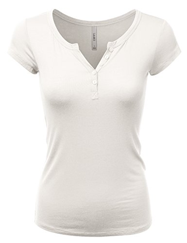 LALABEE Damen Tiefer V-Ausschnitt Kurzarm Basic Henley Button T-Shirt für Frauen, Lbt004-weiß, Klein von LALABEE