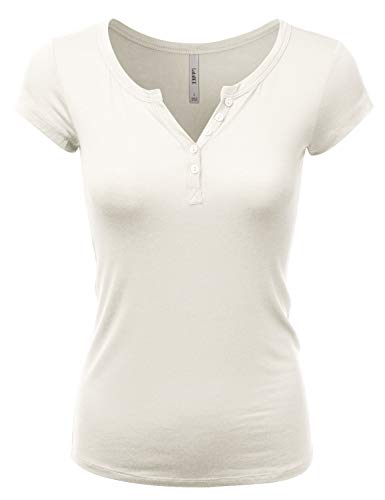 LALABEE Damen Tiefer V-Ausschnitt Kurzarm Basic Henley Knopf T-Shirt für Frauen - - Groß von LALABEE
