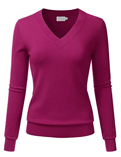 LALABEE Damen V-Ausschnitt Langarm Weich Stretch Pullover Strickoberteil Pullover (S~XXL), Lbt011-magenta, X-Groß von LALABEE