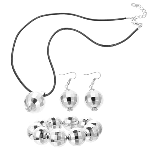 LALADEFIEE Silbernes Disco Schmuckset für Frauen Halskette Ohrringe Armband Glänzende Discokugel Party Dekoration Modisches Accessoire für Tanzpartys von LALADEFIEE