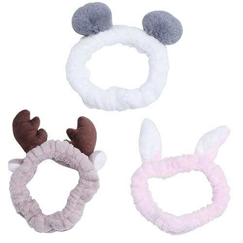 LALADEFIEE 3stücke Elastische Haarbänder Mit Plüsch-pompons Niedlichen Hasenohren Und Rentier-antlers Für Gesichtsreinigung Make-up Und Tägliche Nutzung Bequem Und Stylisch Für Damen von LALADEFIEE