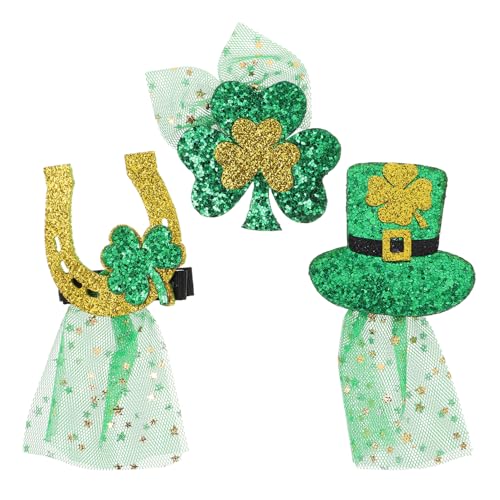 LALADEFIEE 3er Satz Haarspangen Für St Patricks Day Glitzernde Pailletten Kleeblatt-zylinderhut Und Design Mit Grünem Schleier Haar-accessoires Für Irische Festivals von LALADEFIEE