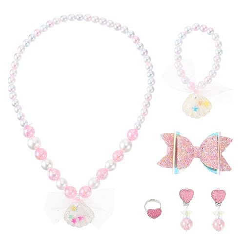 LALADEFIEE 6 Stück Schmuckset Teilig Perlen Armband Halskette Ring Set für Mädchen Muschelimitat Farbton Weiß Party Dekoration Freundschaftsarmbänder Kreatives Design von LALADEFIEE