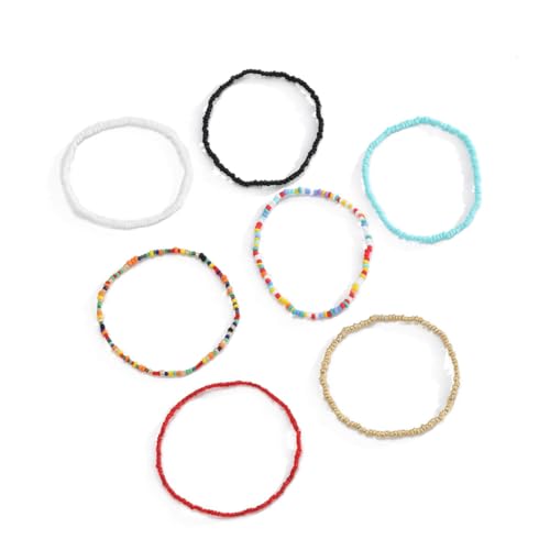 LALADEFIEE 7 Stück Teiliges Elastisches Fußkettchen Handgefertigte Bunte Perlenkette Einlagige Geometrische Knöchel Deko Modisches Vielseitiges Schmuck Accessoire für Frauen und Mädchen von LALADEFIEE
