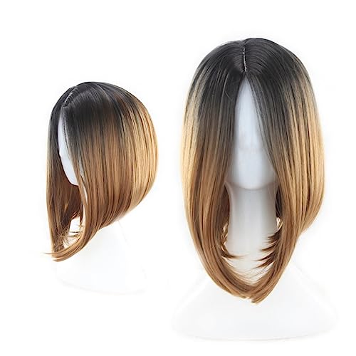 LALADEFIEE Perücke Bob Für Damen Farbverlauf Kunsthaar Kurze Glatte Perücken Mit Spitze Hochtemperatur-bob-perücke Braun Farbverlauf von LALADEFIEE