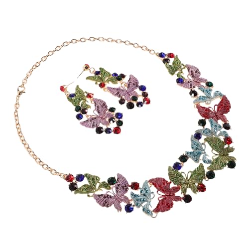 LALADEFIEE Buntes Schmetterling Schmuckset mit Kristallbesatz Hypoallergenes Elegantes Braut und Abendaccessoire Farbenfrohe Halskette und Ohrringe für Hochzeit Ball und Festliche Anlässe von LALADEFIEE