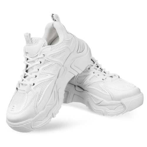 LALADEFIEE Chunky Damen Sneaker Weiß Schnürschuhe Sportschuhe mit Rutschfester Sohle Bequeme Plateausohle Modische Alltagsschuhe aus Strapazierfähigem PU Material von LALADEFIEE