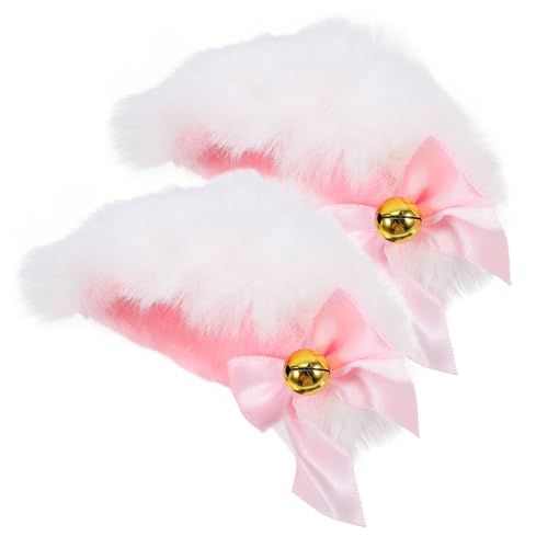 LALADEFIEE Cosplay Katzenohren Haarklammer mit Glöckchen Leichtes Modisches Katzenohren Haarpin für Kostüm und Party Weiße Schleife Angenehm und Realistisch aus Kunstfell von LALADEFIEE