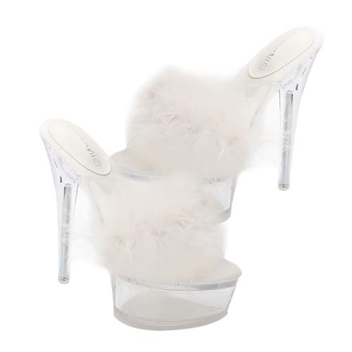 LALADEFIEE Damen High Heels Sandalen Transparent Fluffy Design Dünner Absatz Sommer Slippers Modisch Elegant Für Alltag von LALADEFIEE