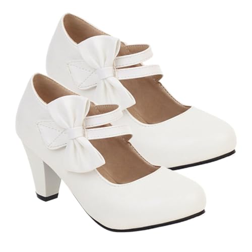 LALADEFIEE Damen High Heels mit Schleife Weiß PU Material Elegante Absatzschuhe Komfortable Blockabsatz Pumps Stilvolle Damenschuhe für Party Alltag von LALADEFIEE