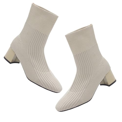 LALADEFIEE Damen Stiefeletten Herbst Chunky Heel Strickoptik Kurzschaft Stiefel mit Breitem Absatz Bequeme Leichte Damenschuhe für Alltag und Büro von LALADEFIEE