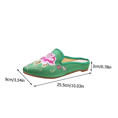 LALADEFIEE Ethnische Damen Hausschuhe mit Stickerei Spitz Zulaufend Rutschfest Komfortabel Grün Modische Slippers für Zuhause und Freizeit von LALADEFIEE